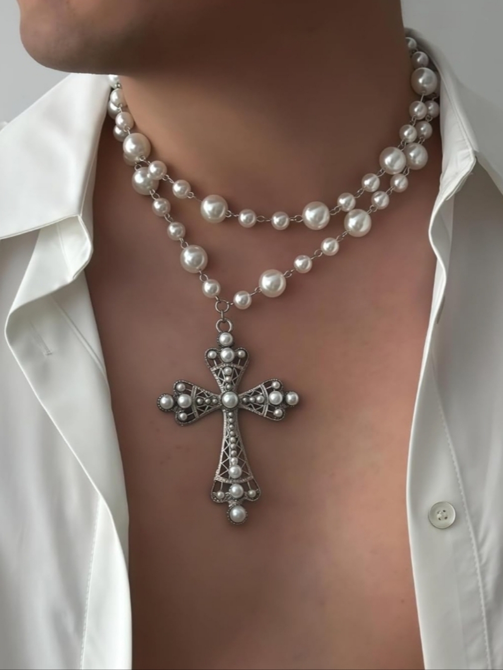 Pearl Beaded Cross Pendant Necklace - White Pearls